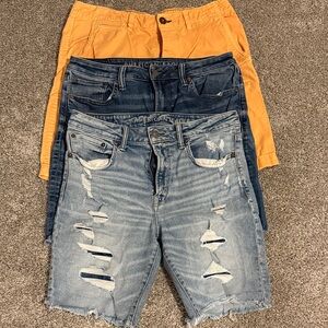 American Eagle Outfitters Men's Distressed Light Blue and Dark Blue Jean Shorts